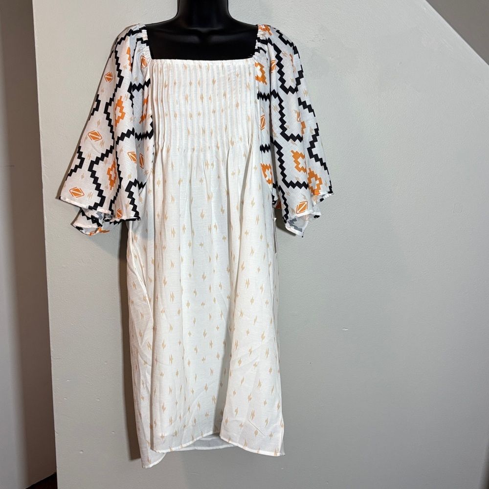 Boho White Dress with Aztec Geometric Patterned dress size XL
